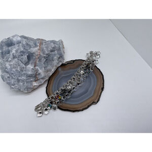Beautiful Charm Bracelet 8” W/ Aurora Borealis Crystals 925 S.S. Bracelet